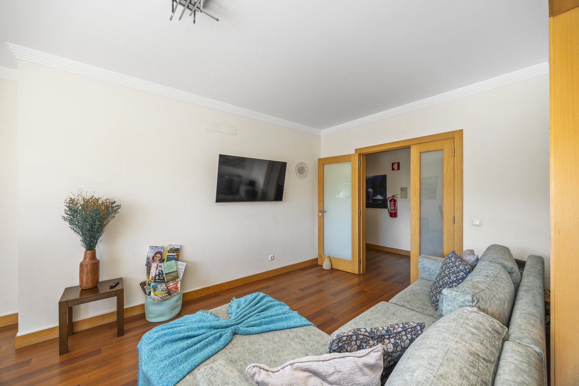Living room with TV and entrance hallway view
