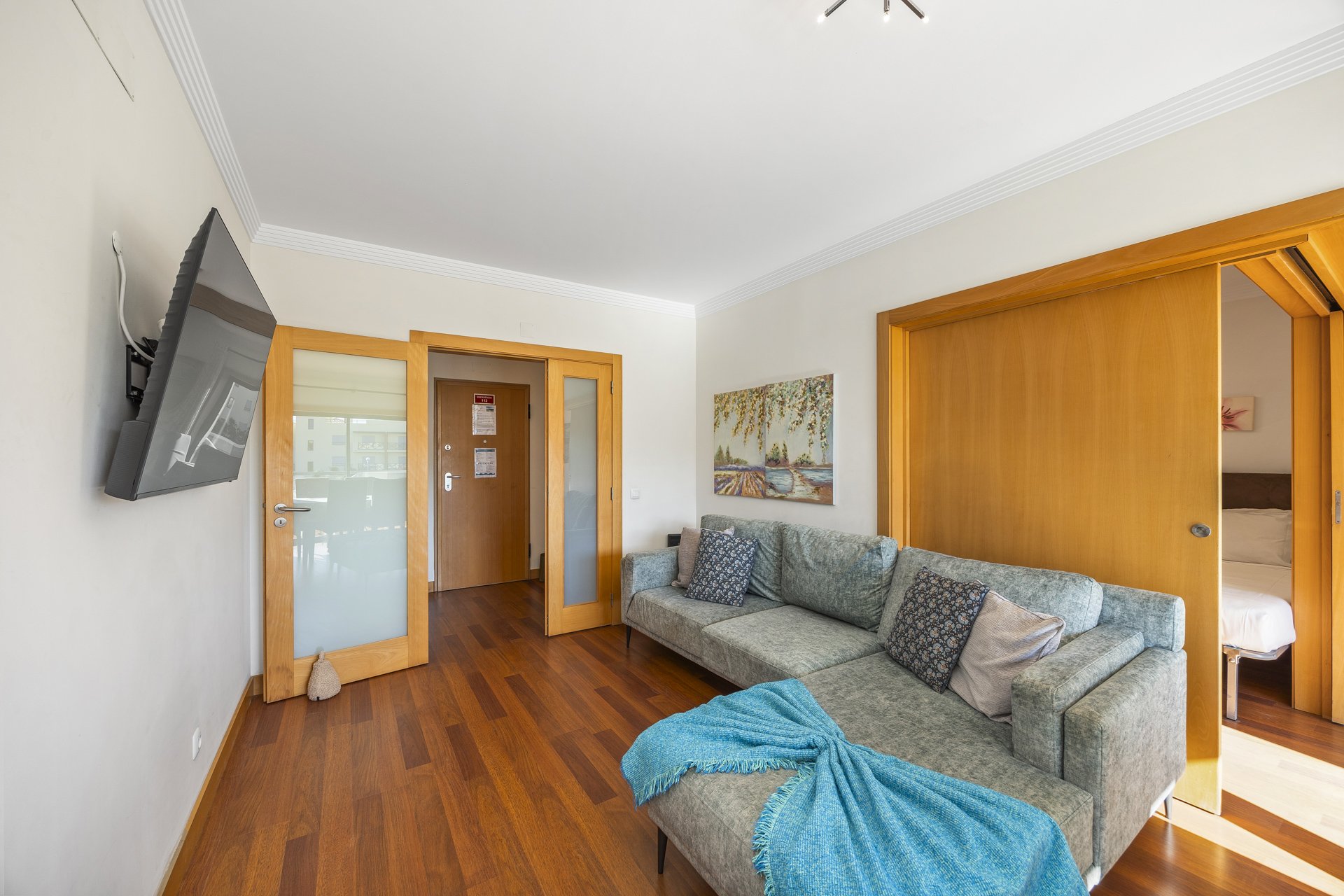 Living room with sofa and wall-mounted TV