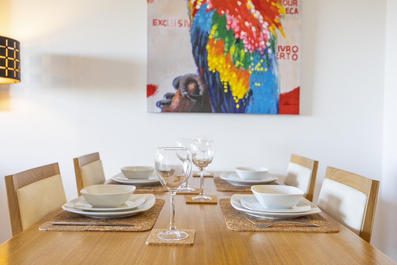 Dining table set for a meal, alternate view