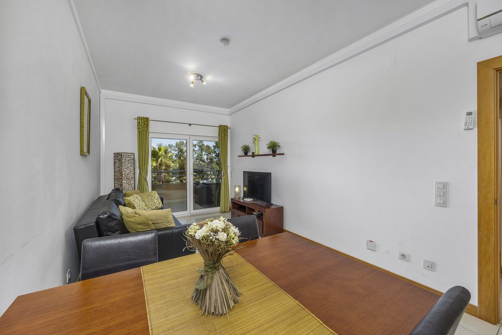 Living and dining area with sofa, flowers on the table, and TV stand