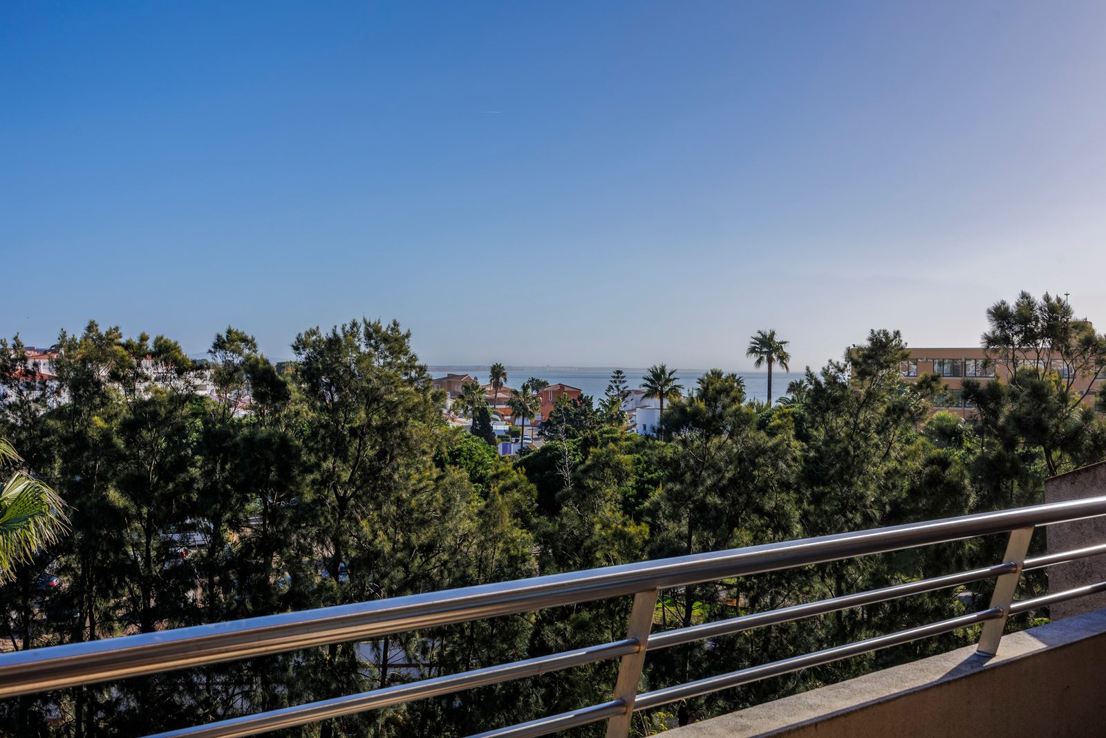 View from the balcony over pine trees and palms towards the sea
