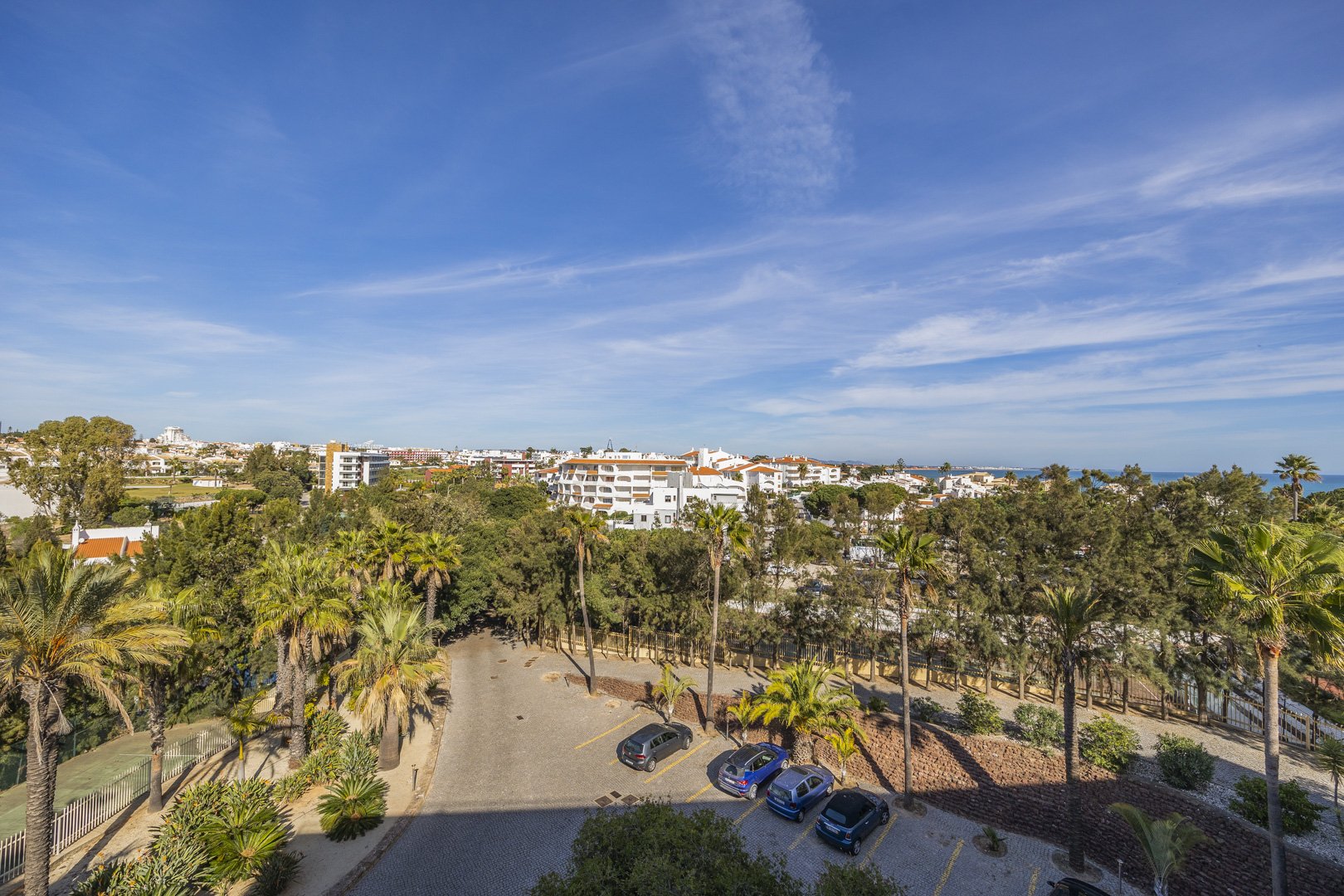 Elevated view over the car park, palm-lined grounds, and town beyond