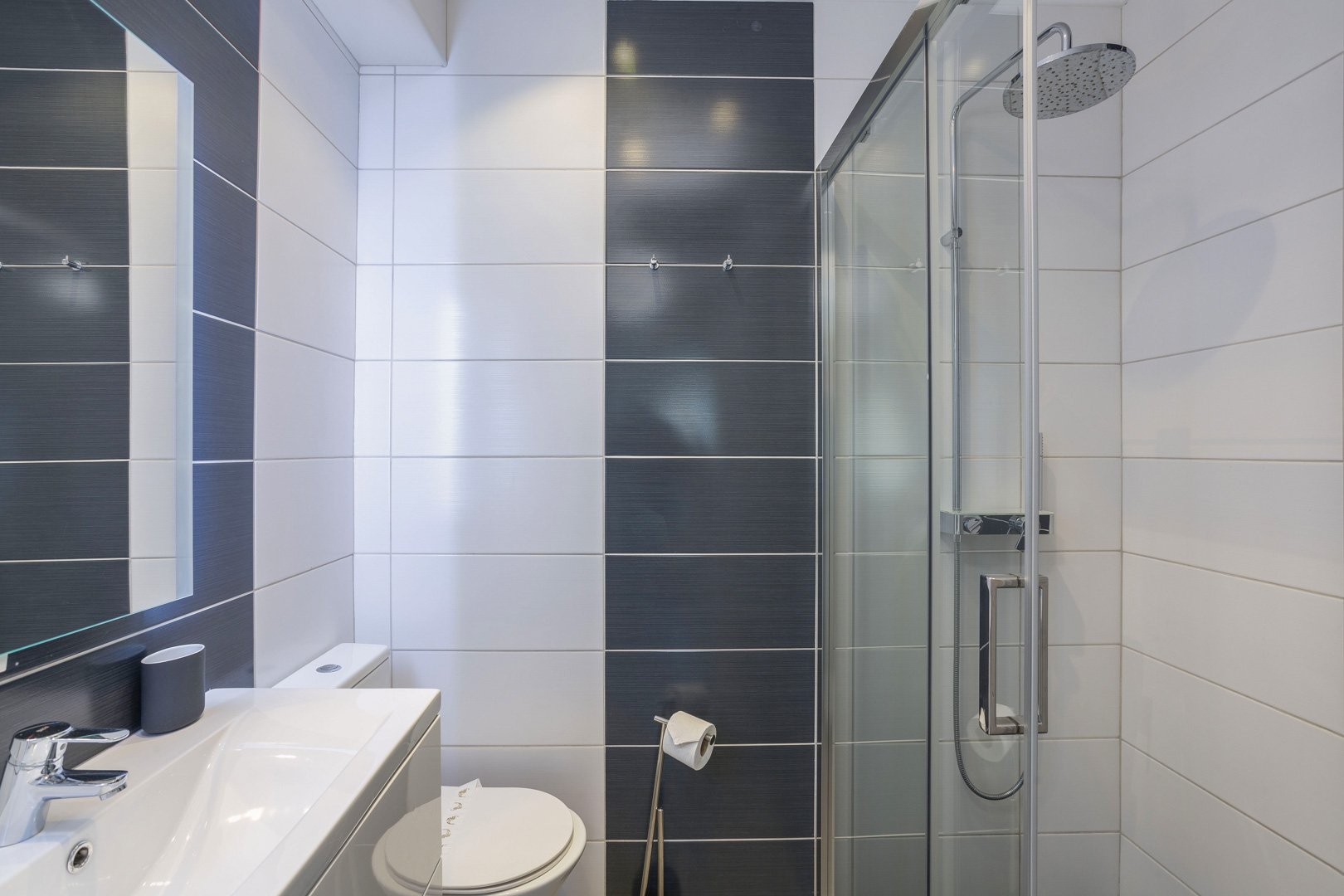 Bathroom with glass-enclosed rainfall shower