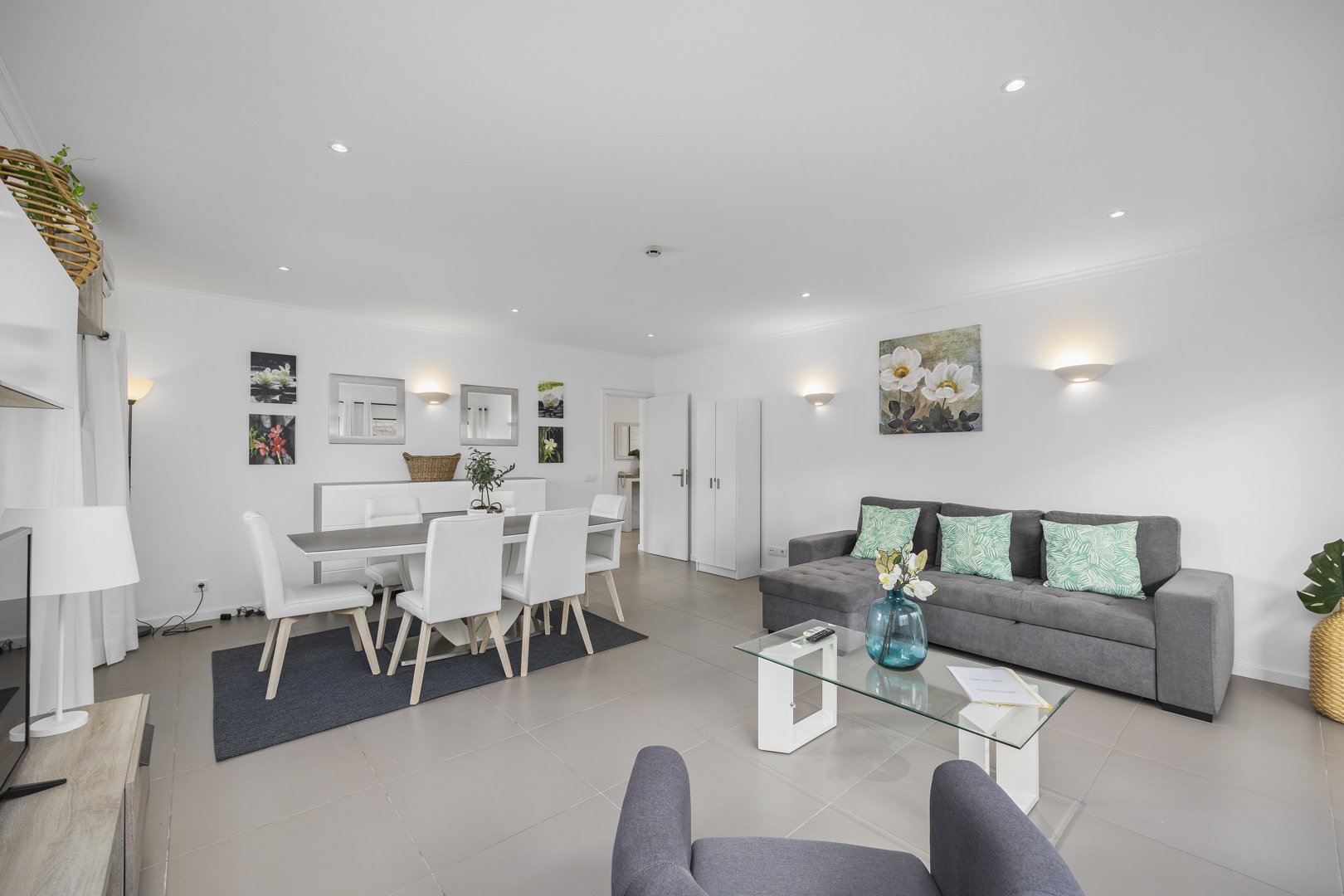 Open-plan living and dining area viewed from the sofa