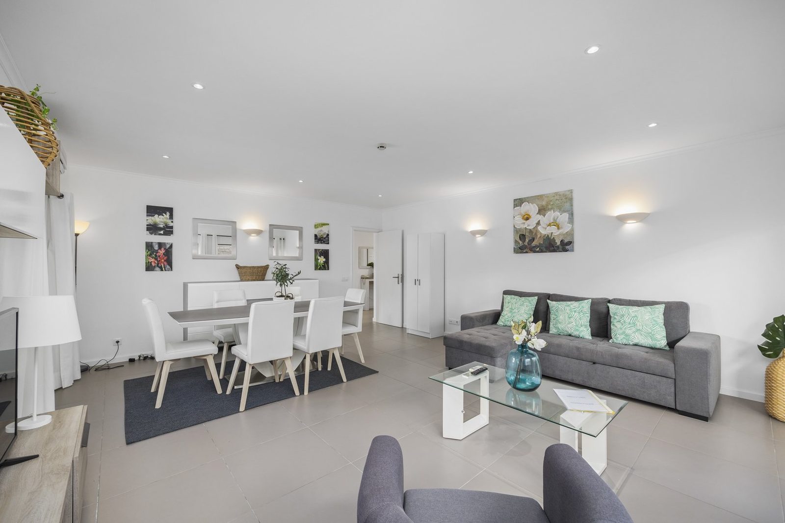 Open-plan living and dining area viewed from the sofa